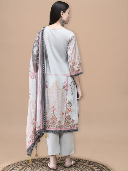 Shree Women Cotton Grey Floral Print Kurta Comfort Pant Dupatta